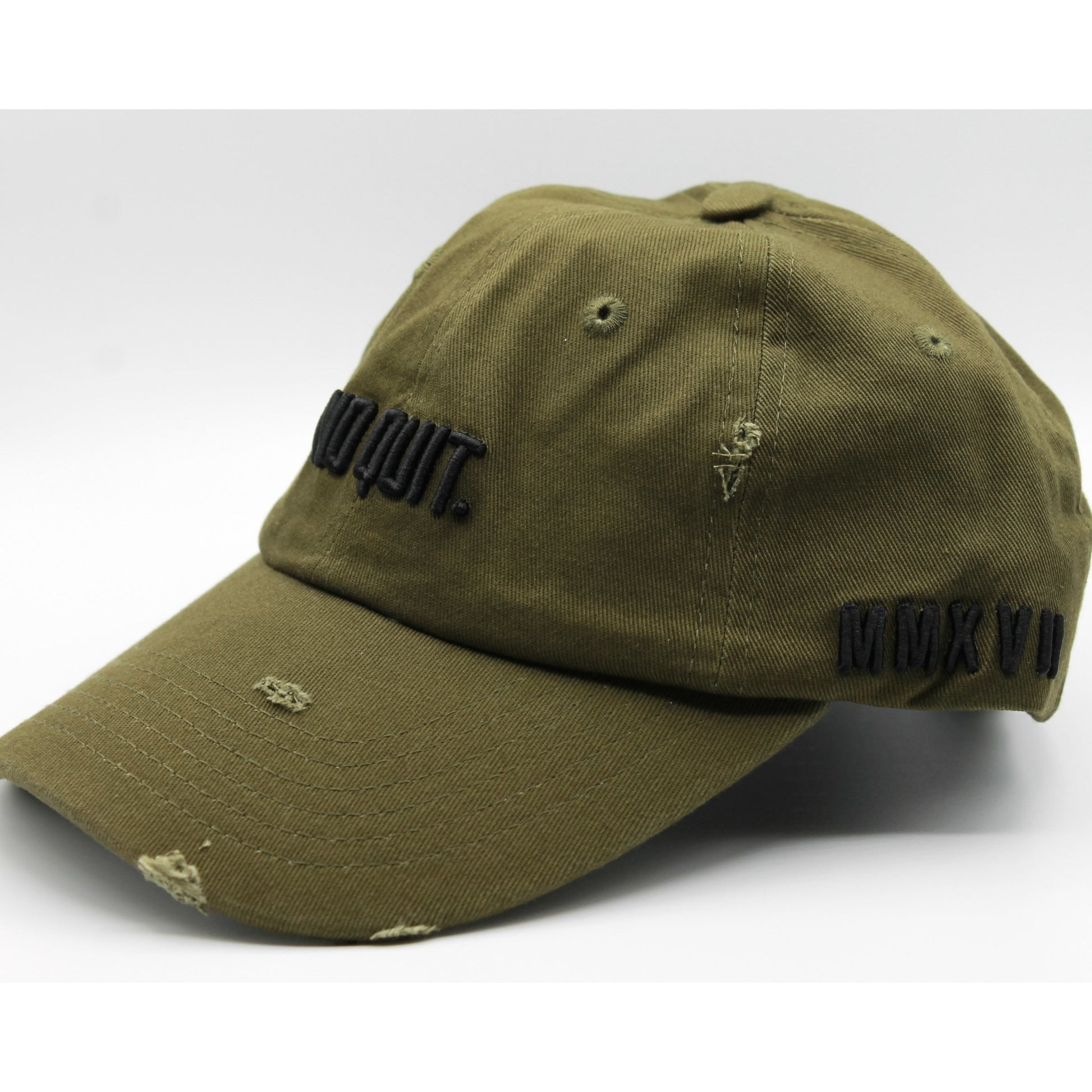 DISTRESSED DAD HAT -OLIVE GREEN - noquitsociety